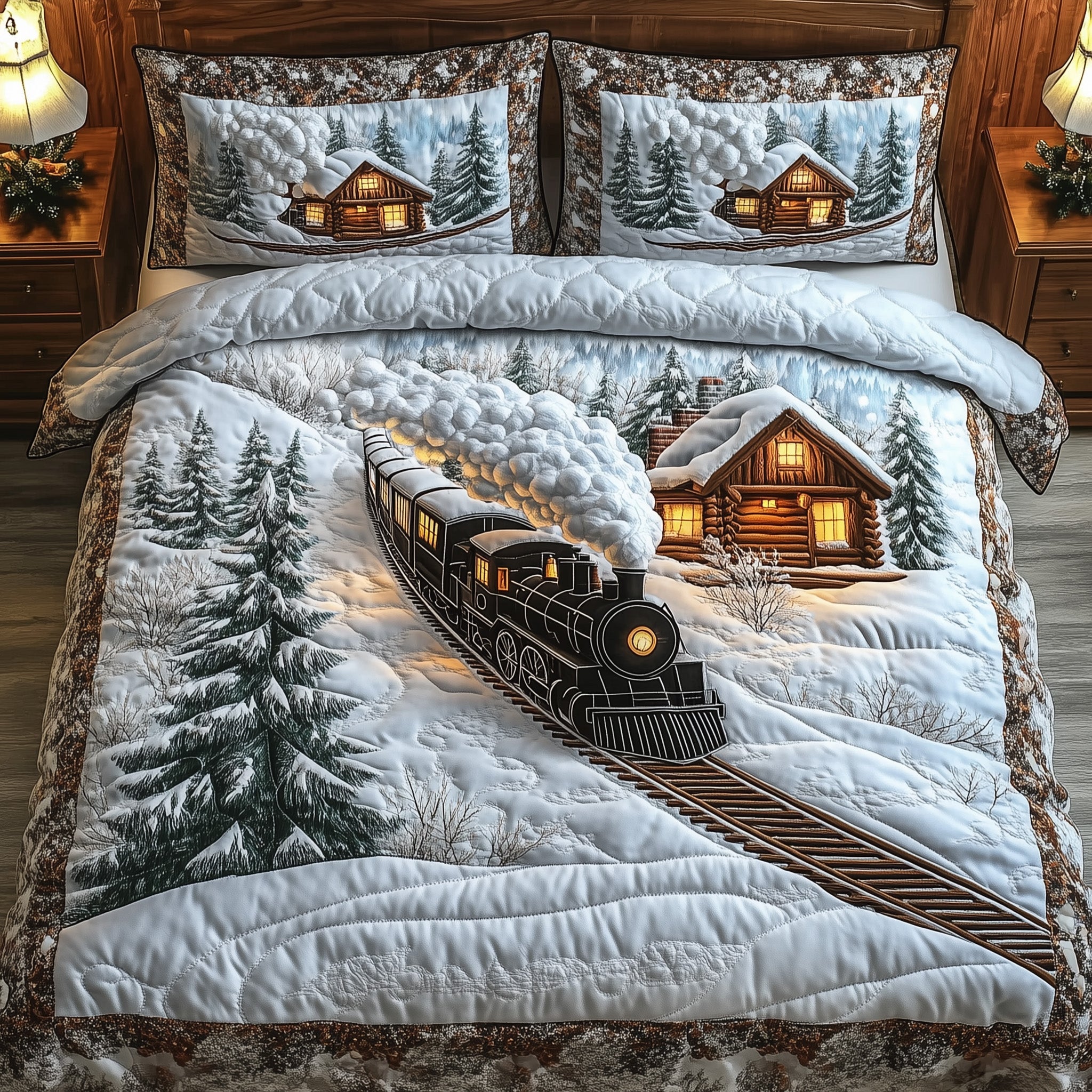 Winter Train Christmas Quilted Bedding Set Duvet Cover Bedspread Xmas Gifts For Mom