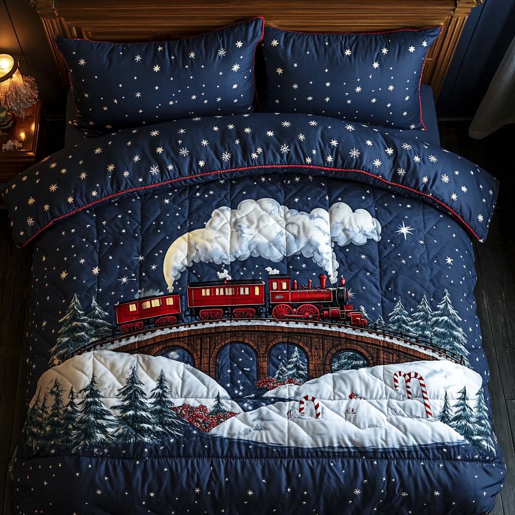 Winter Train Nightscape Quilted Bedding Set Xmas Duvet Sets Family Xmas Presents
