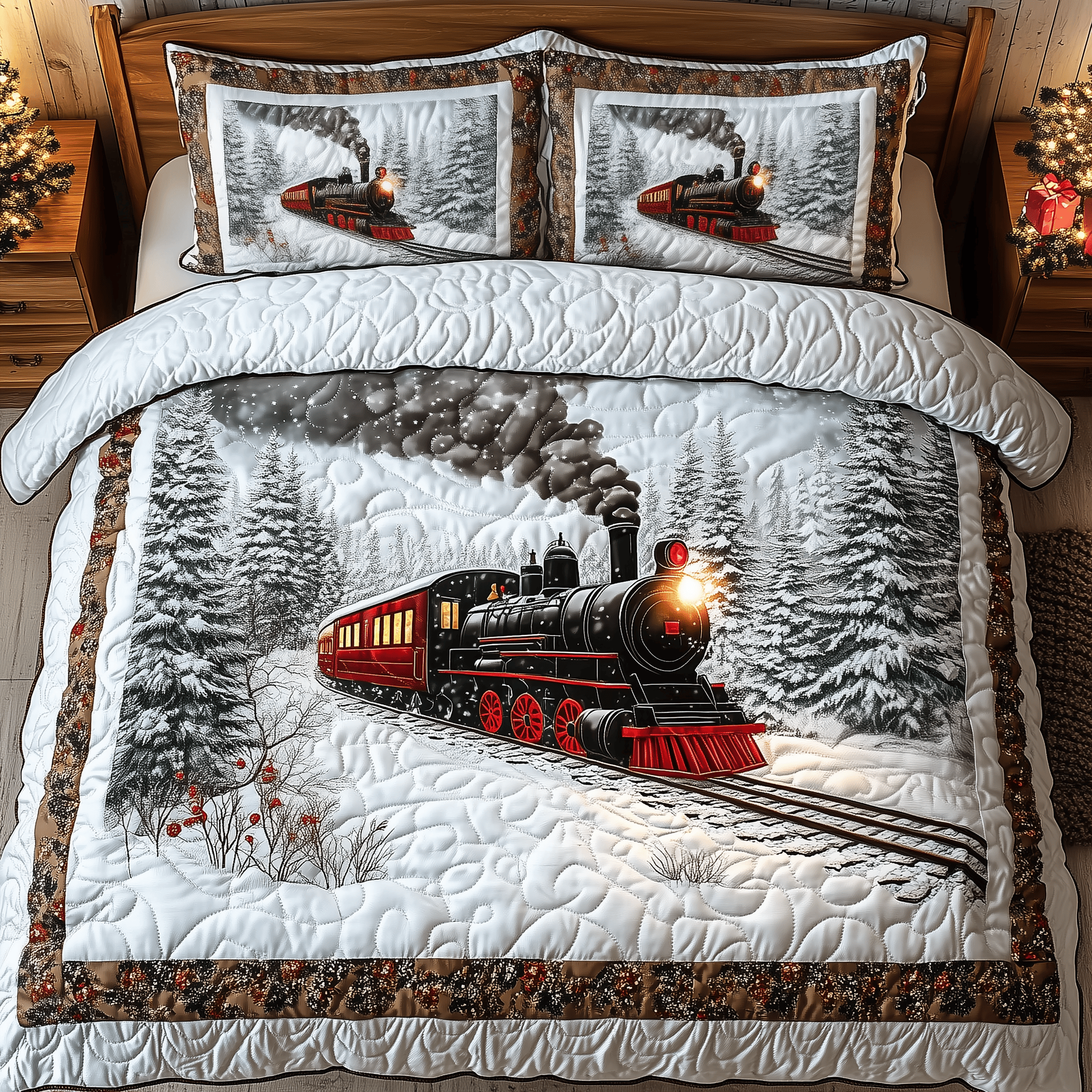 Winter Train Quilted Bedding Set Christmas Bedding Set Anniversary Gifts For Couples