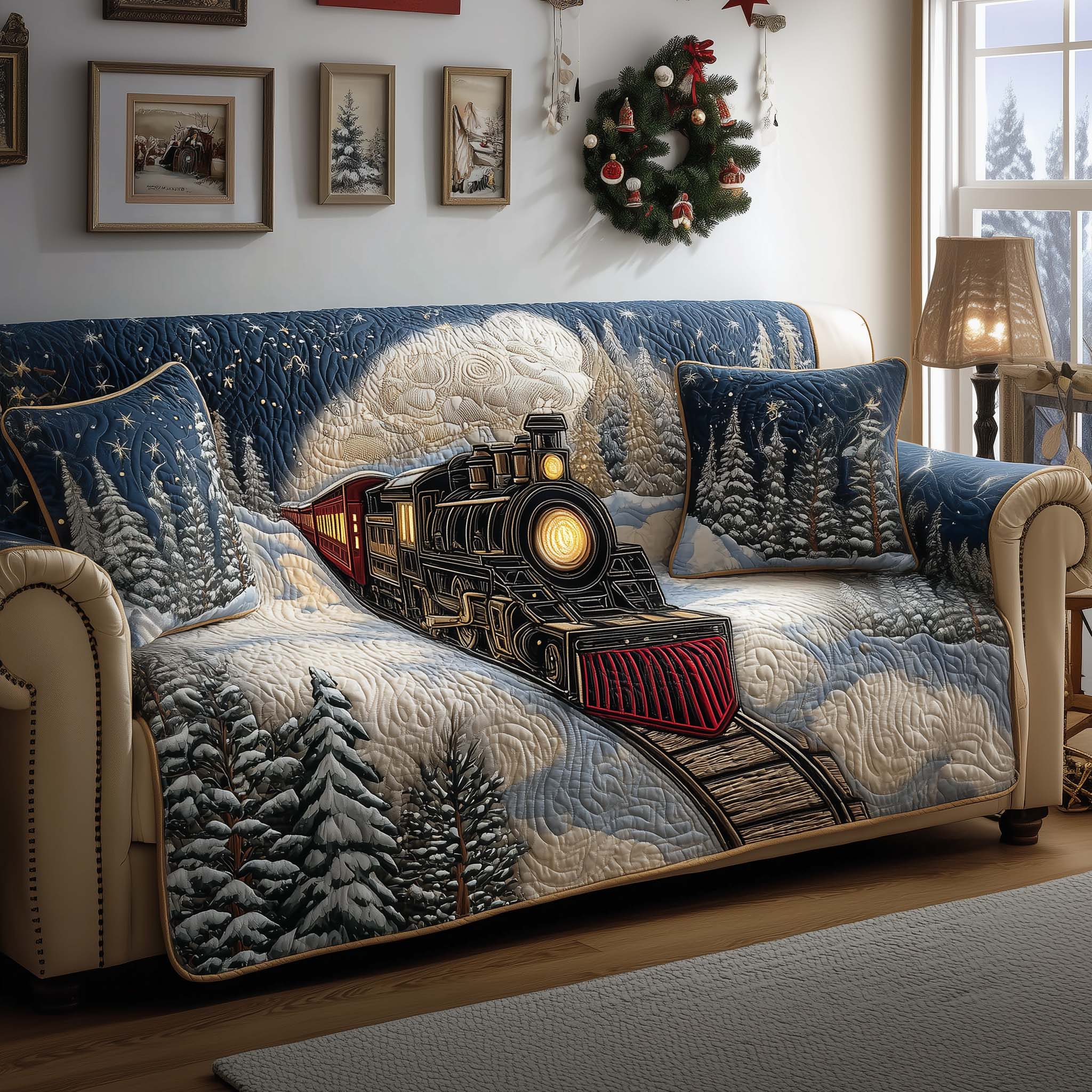 Winter Train Quilted Sofa Cover Cozy Snowscape Train Design Train Gifts Christmas For Adults