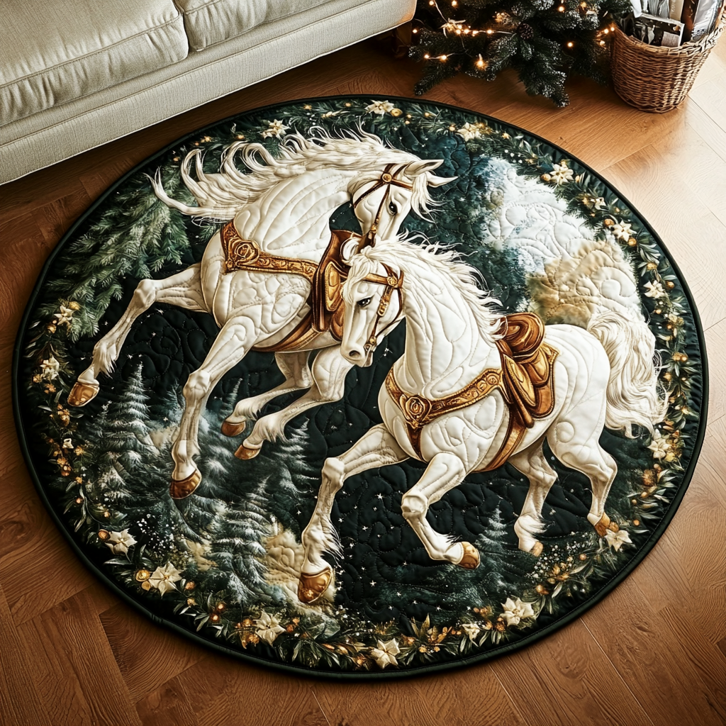 Winter Trot Quilted Round Mat Front Door Decor Cute Horse Gifts