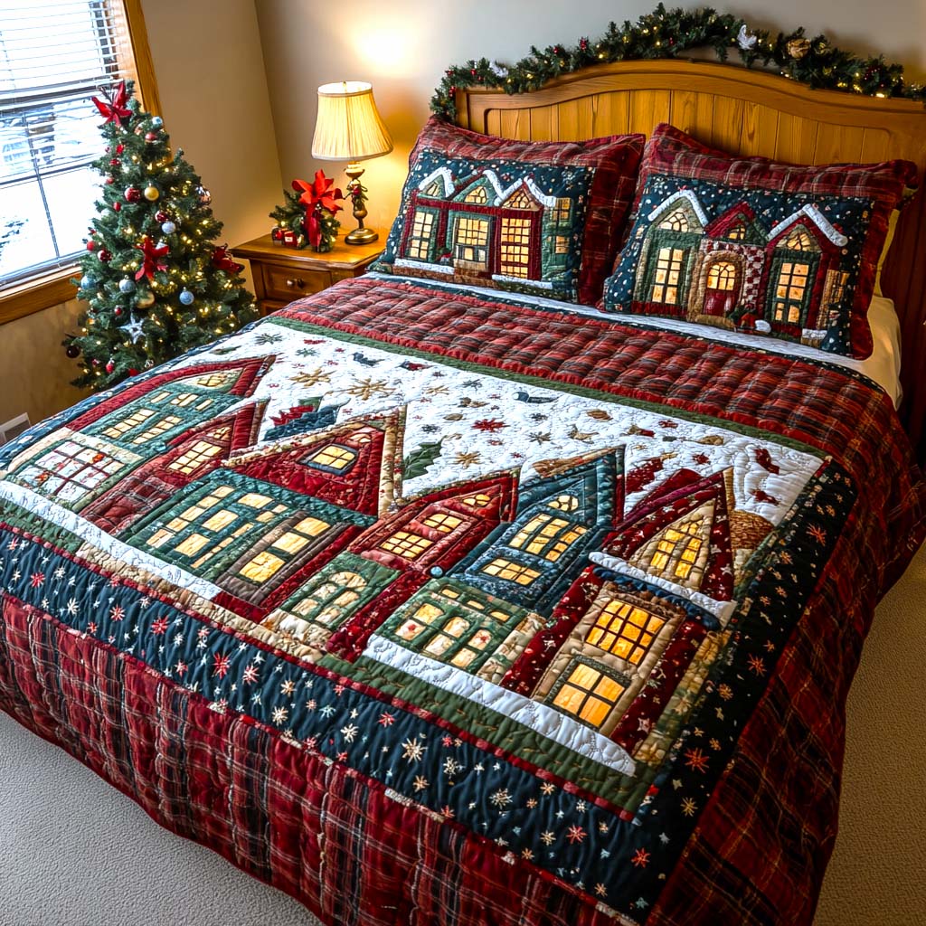 Winter Village Magic Quilted Bedding Set Bed Decor Christian Teacher Gifts