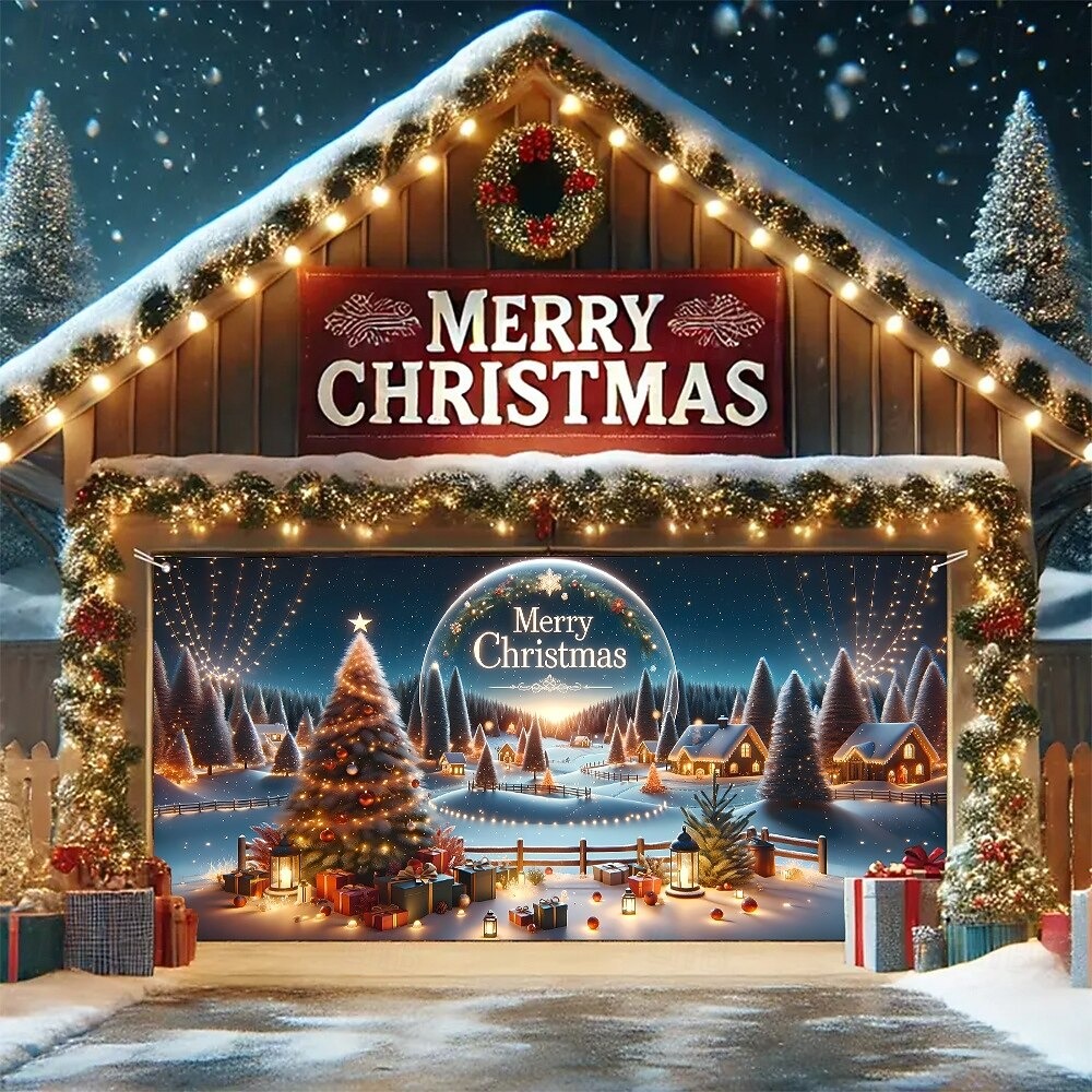 Winter Village Merry Christmas Garage Door Cover Festive Outside Home Decor Xmas Gifts