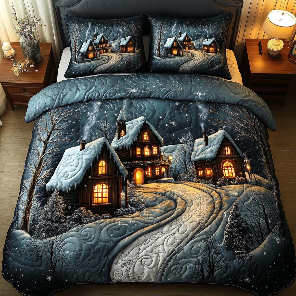 Winter Village Quilted Bedding Set Xmas Holiday Duvet Cover Set Christmas Present Ideas