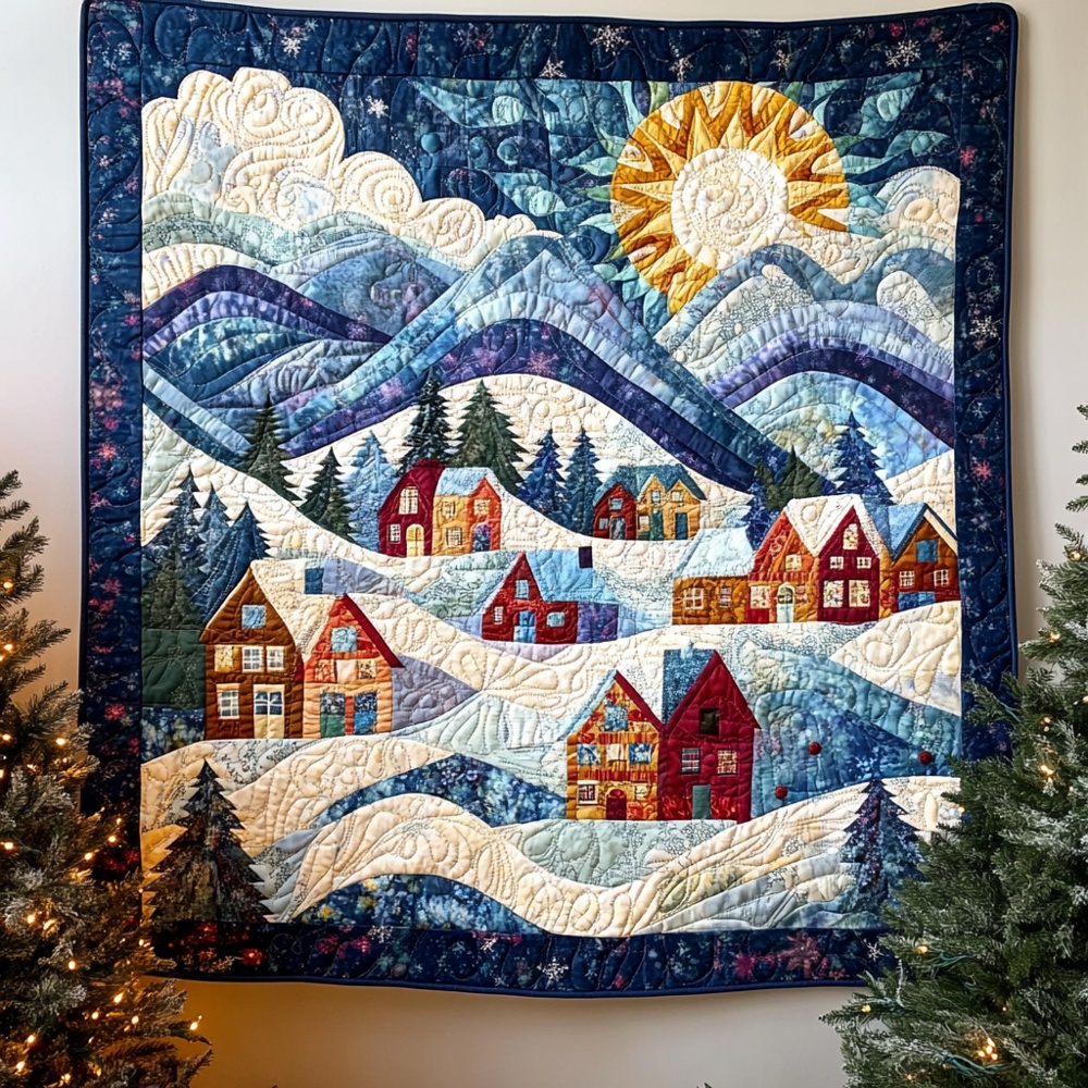 Winter Village Quilted Blanket Christmas Alpine Art Cozy Bedding Warm Holiday Throw Gift Home