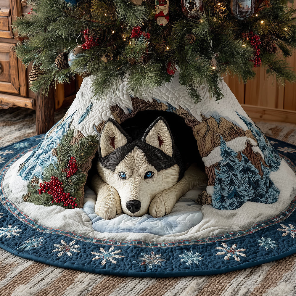 Winter Watch Husky Christmas Quilted Tree Skirt Xmas Indoor Decorations Husky Related Gifts