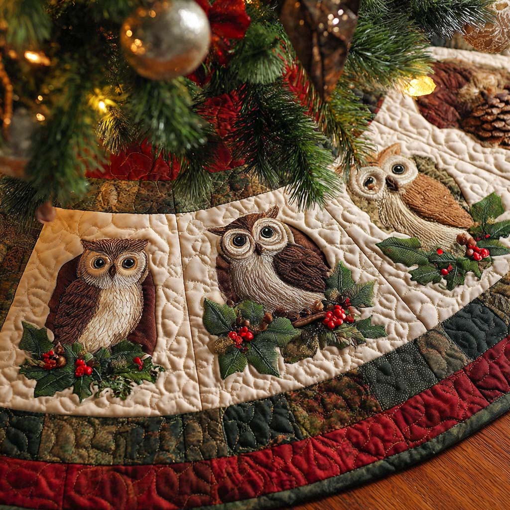 Winter Watchers Quilted Tree Skirt Cover For Xmas Tree Base Owl Gifts For Men