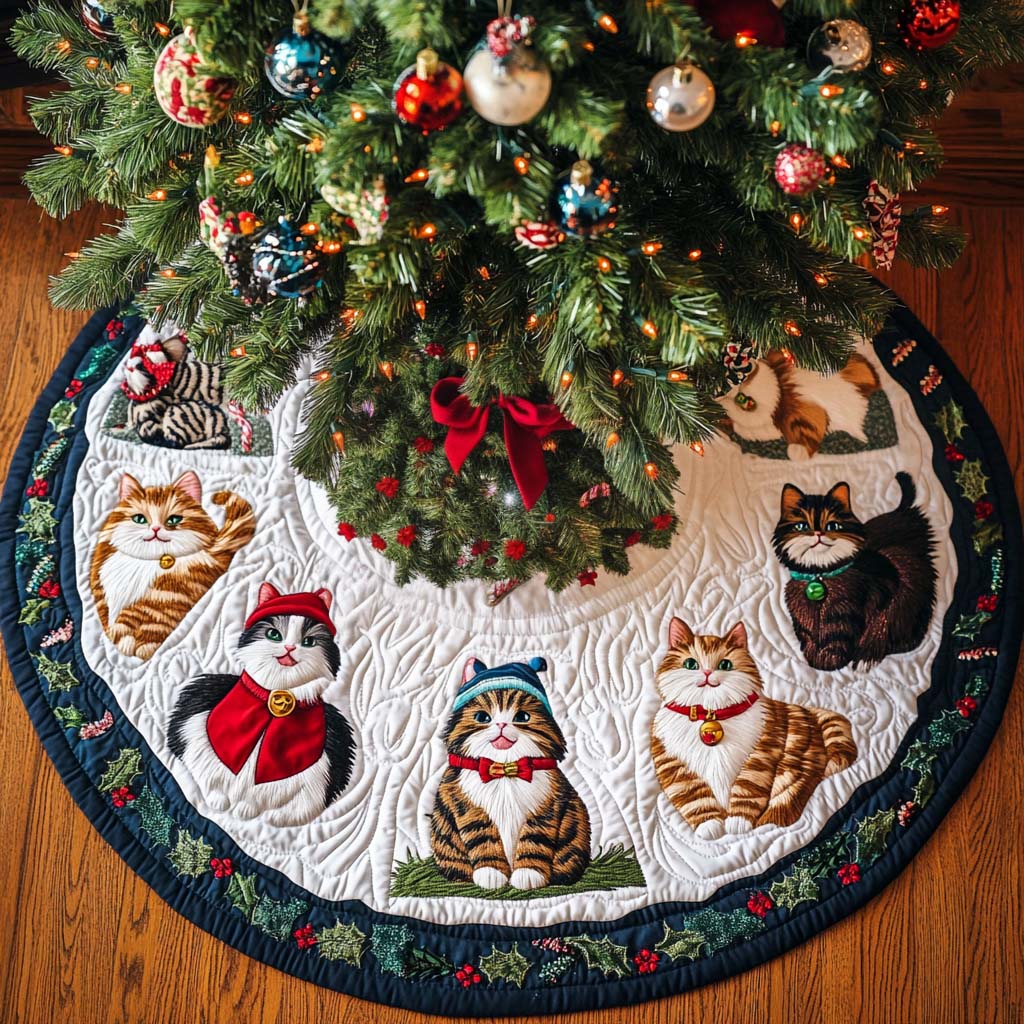 Winter Whiskers Christmas Quilted Tree Skirt Popular Gift Merch for Christmas Enthusiasts