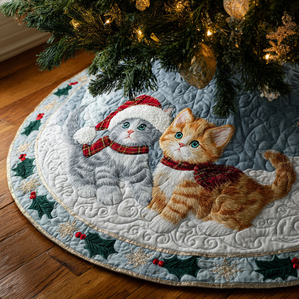 Winter Whiskers Christmas Quilted Tree Skirt Xmas Tree Cover Base Gifts For Black Cat Lovers