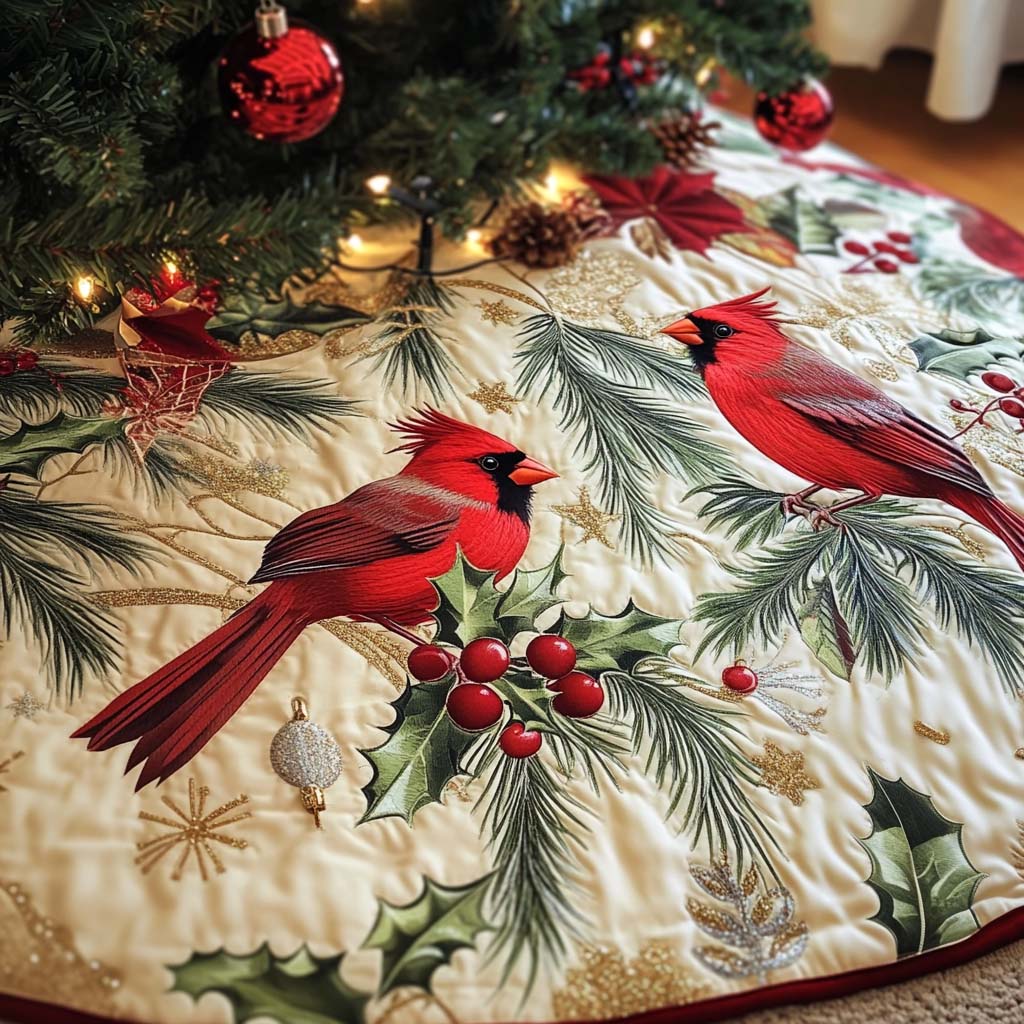 Winter Whisper Christmas Quilted Tree Skirt Holiday Season Indoor Cardinal Christmas Decorations