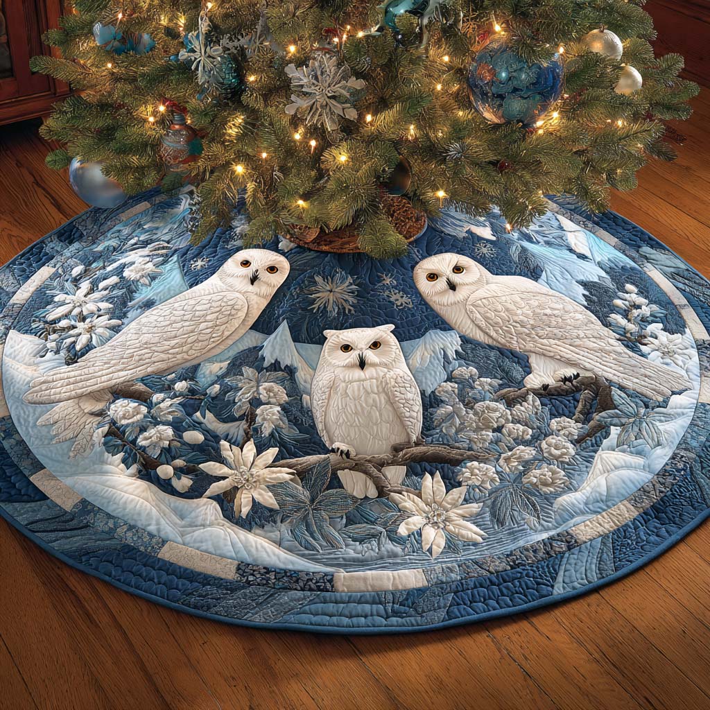 Winter Whisper Owls Quilted Tree Skirt Christmas Tree Base Cover Unique Gifts For Owl Lovers