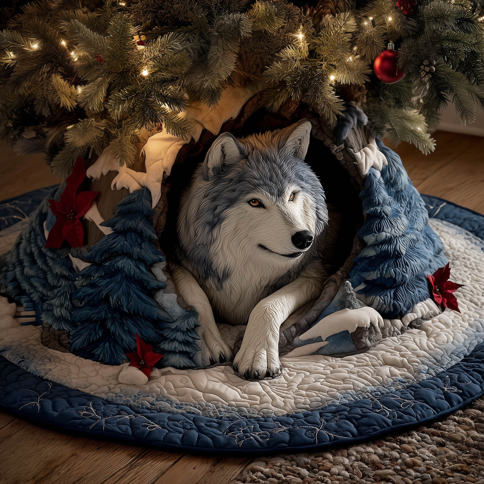 Winter Wolf Christmas Quilted Tree Skirt Holiday Tree Surround Decor Gifts For Wolf Lovers