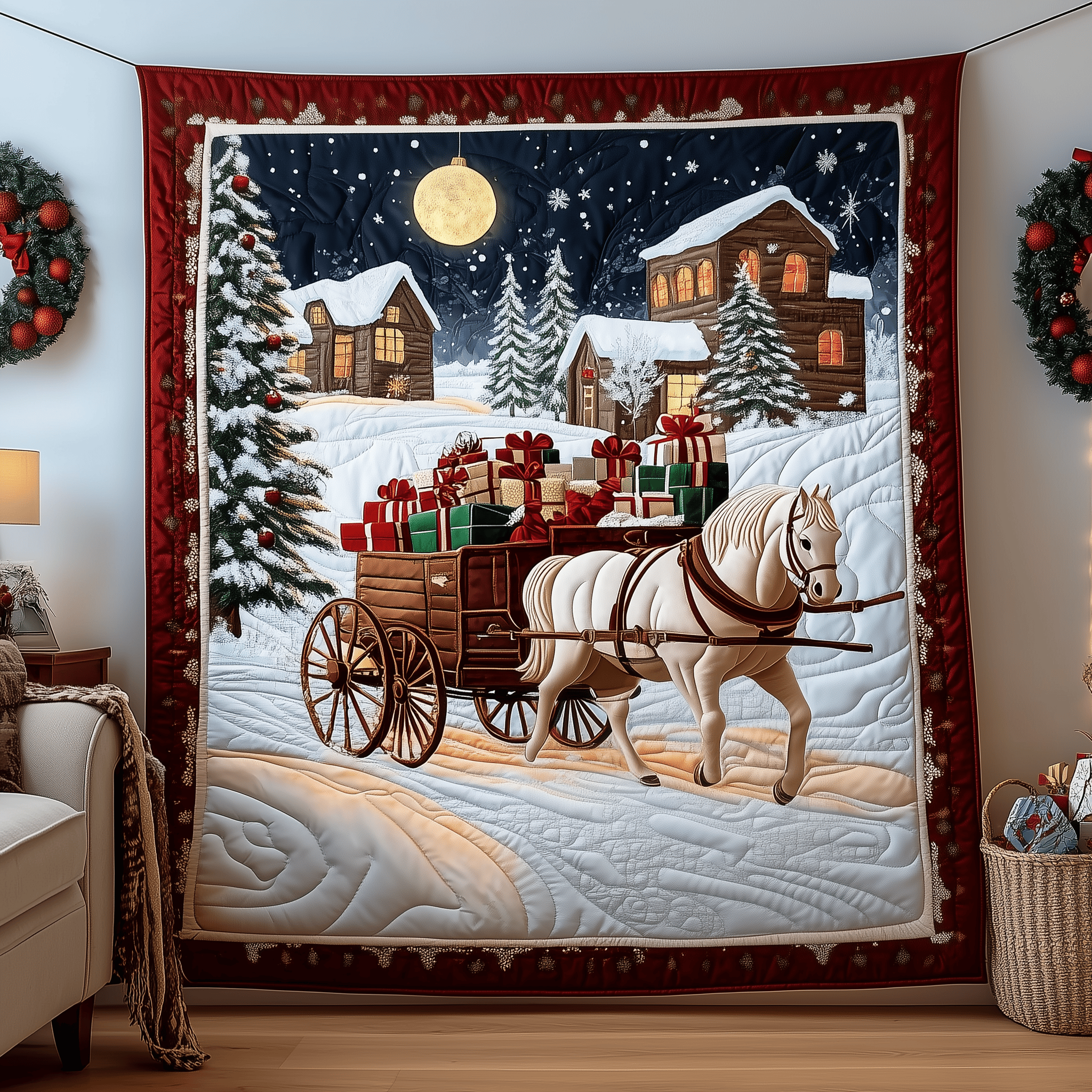Winter Wonderland Carriage Ride Quilted Blanket Christmas Throw Blanket Stocking Stuffers For Mom