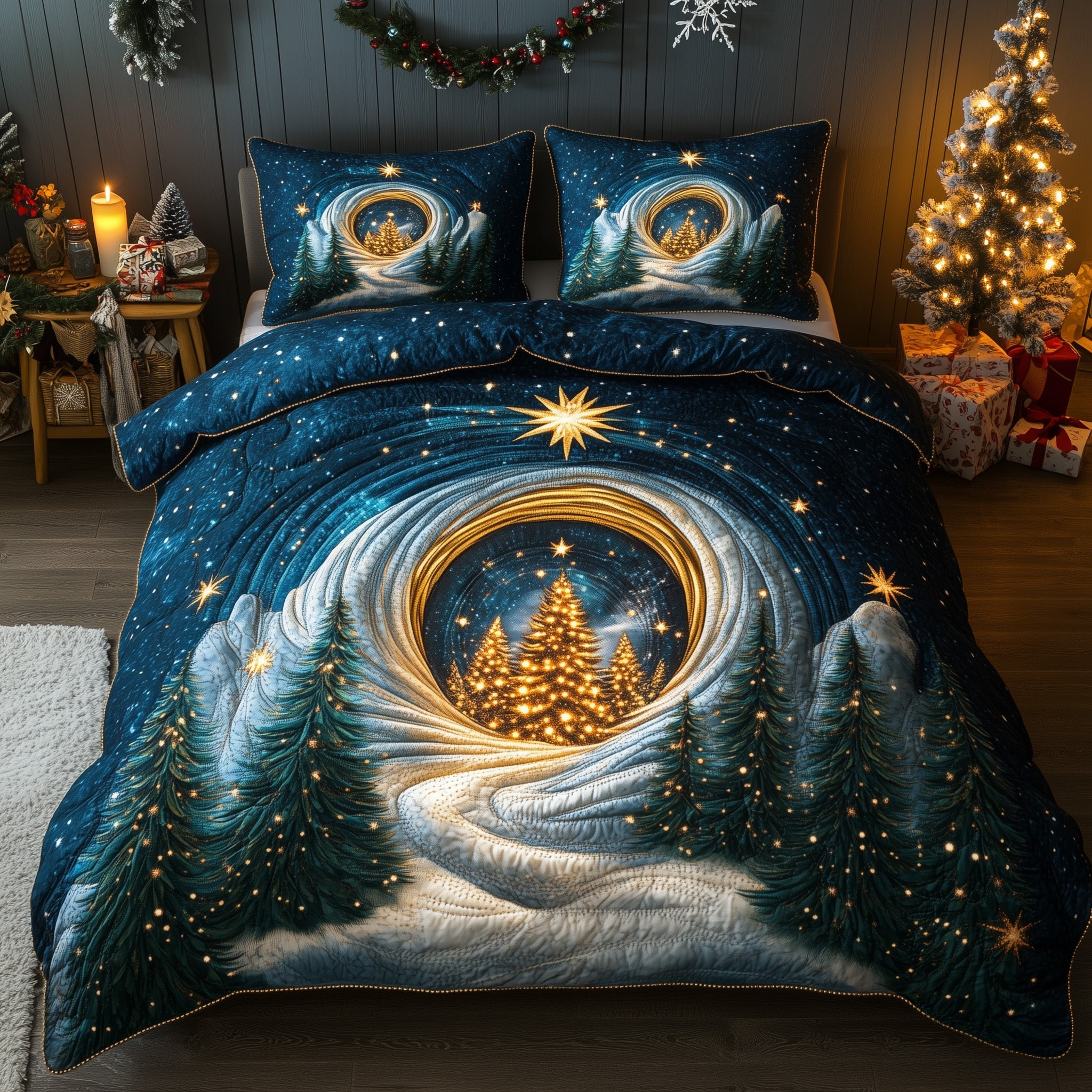 Winter Wonderland Christmas Quilted Bedding Set Duvet Cover Bedspread Mystical Winter Xmas Gifts For Wife