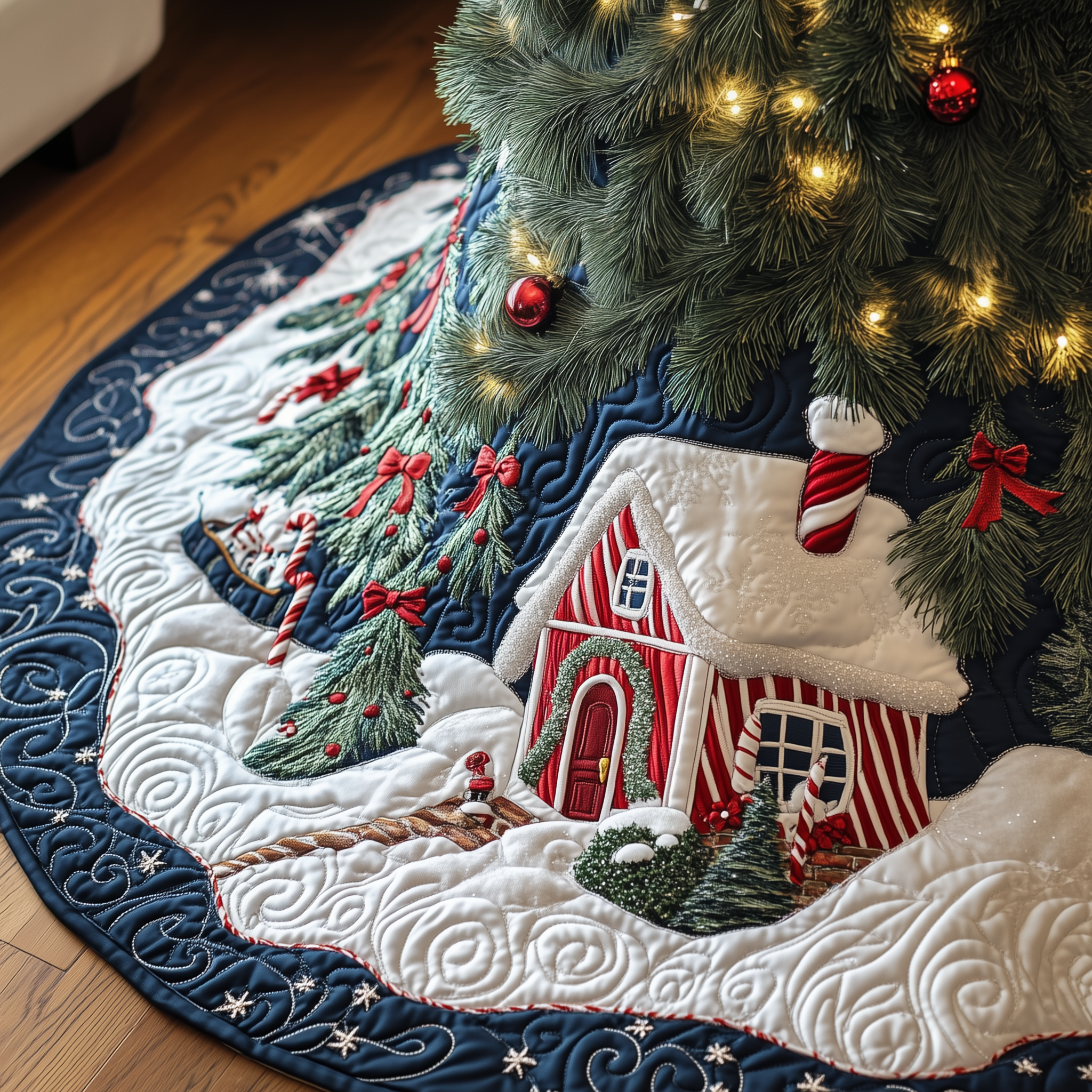 Winter Wonderland Christmas Tree Bottom Cover Quilted Holiday Cottage Scene Gift for Home