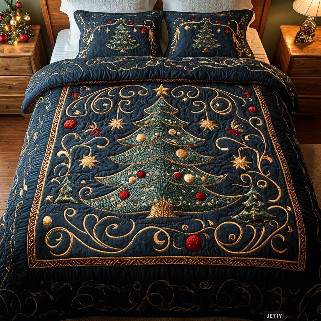 Winter Wonderland Pines Quilted Bedding Set Christmas Holiday Bedroom Decor Festive Gift Ideas