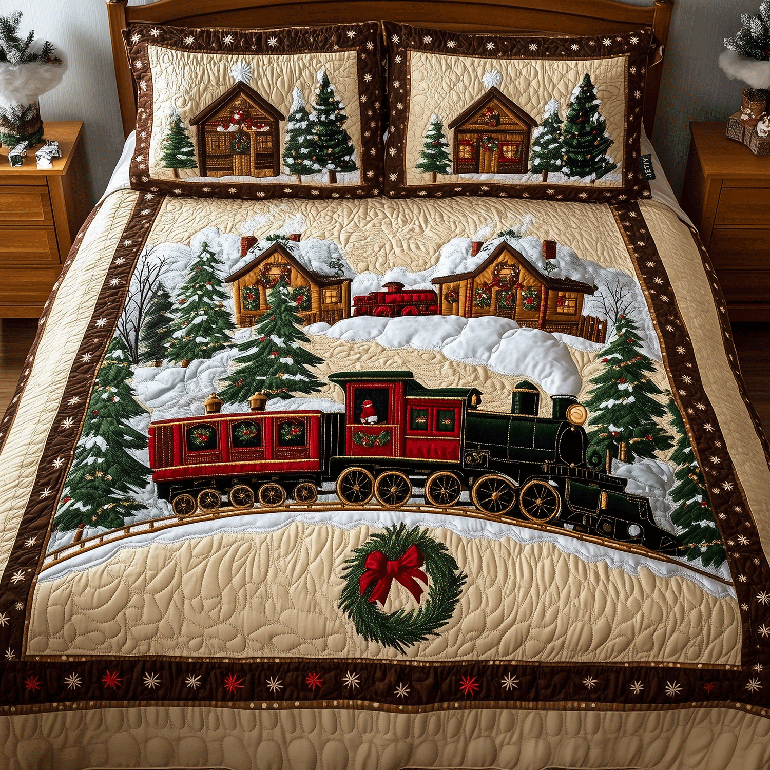 Winter Wonderland Train Quilted Bedding Set Christmas Holiday Bedroom Decor Gift Ideas