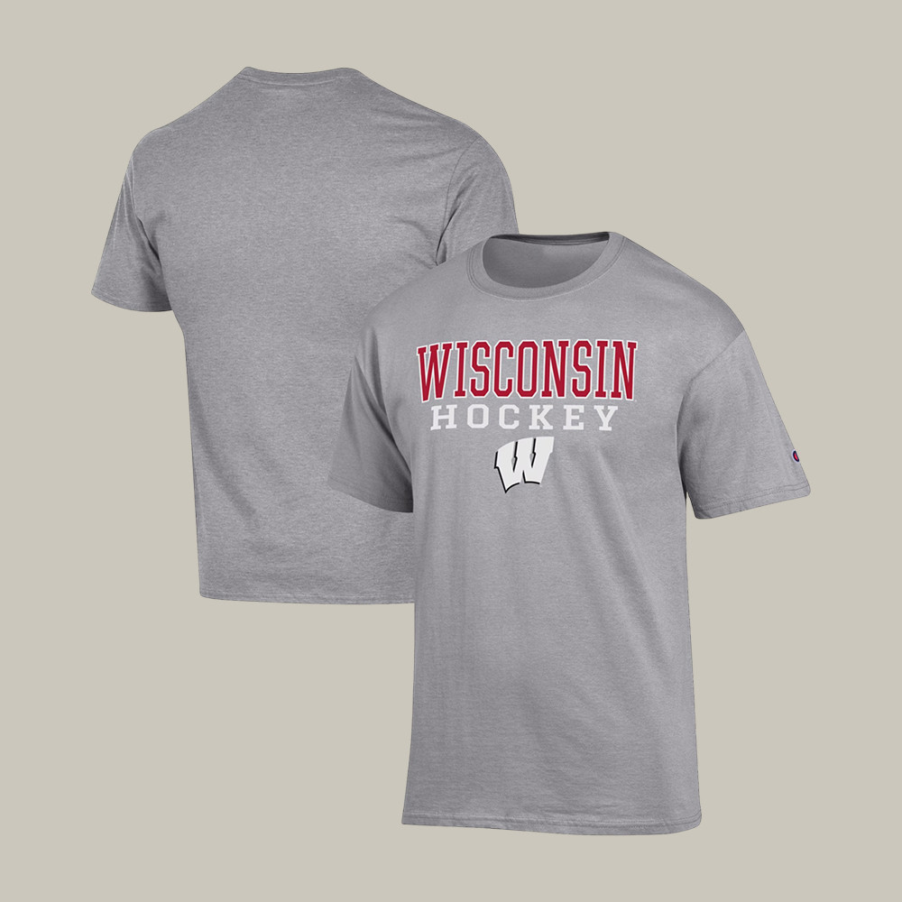 Wisconsin Badgers Champion Stack Logo Hockey T-Shirt NCAA Men's Ice Hockey Clothing Fans Gear