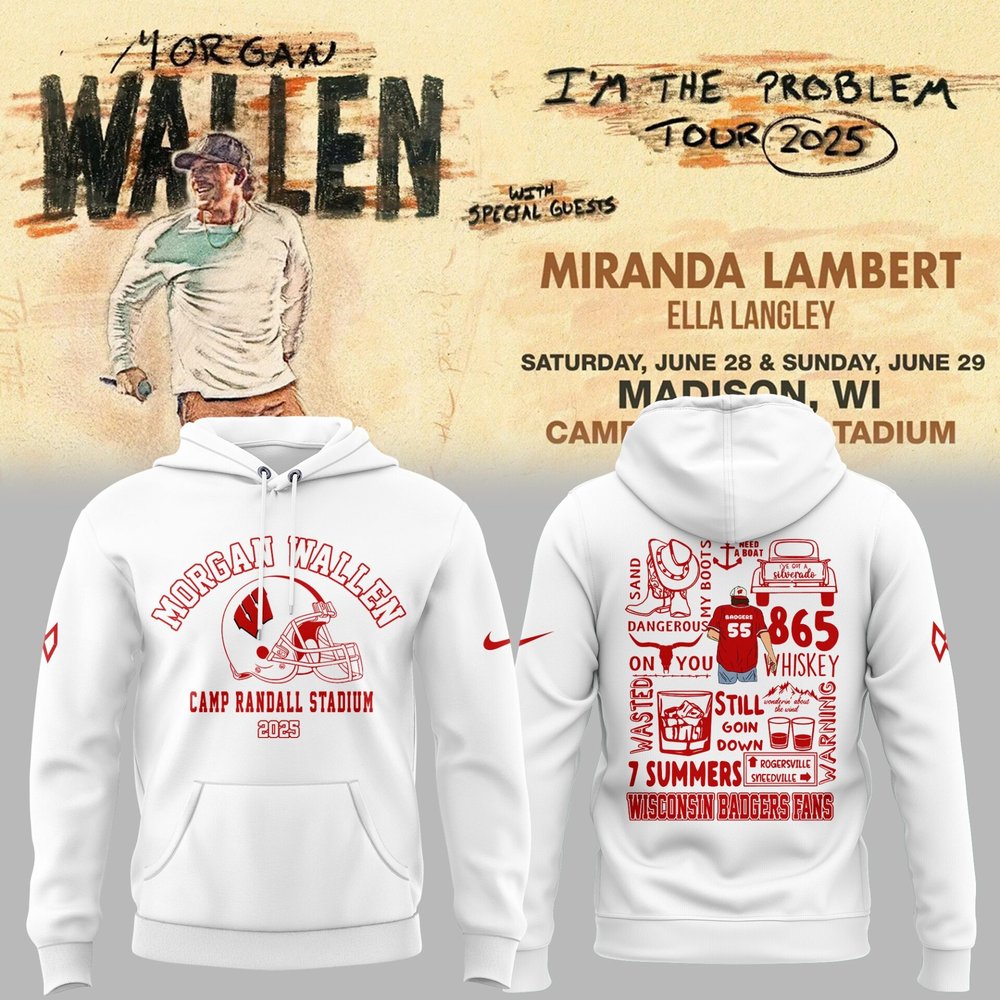 Wisconsin Badgers x Morgan Wallen 2025 Concert White Hoodie Wisconsin Badgers Merch.jpeg Unique Football Gifts For Fans