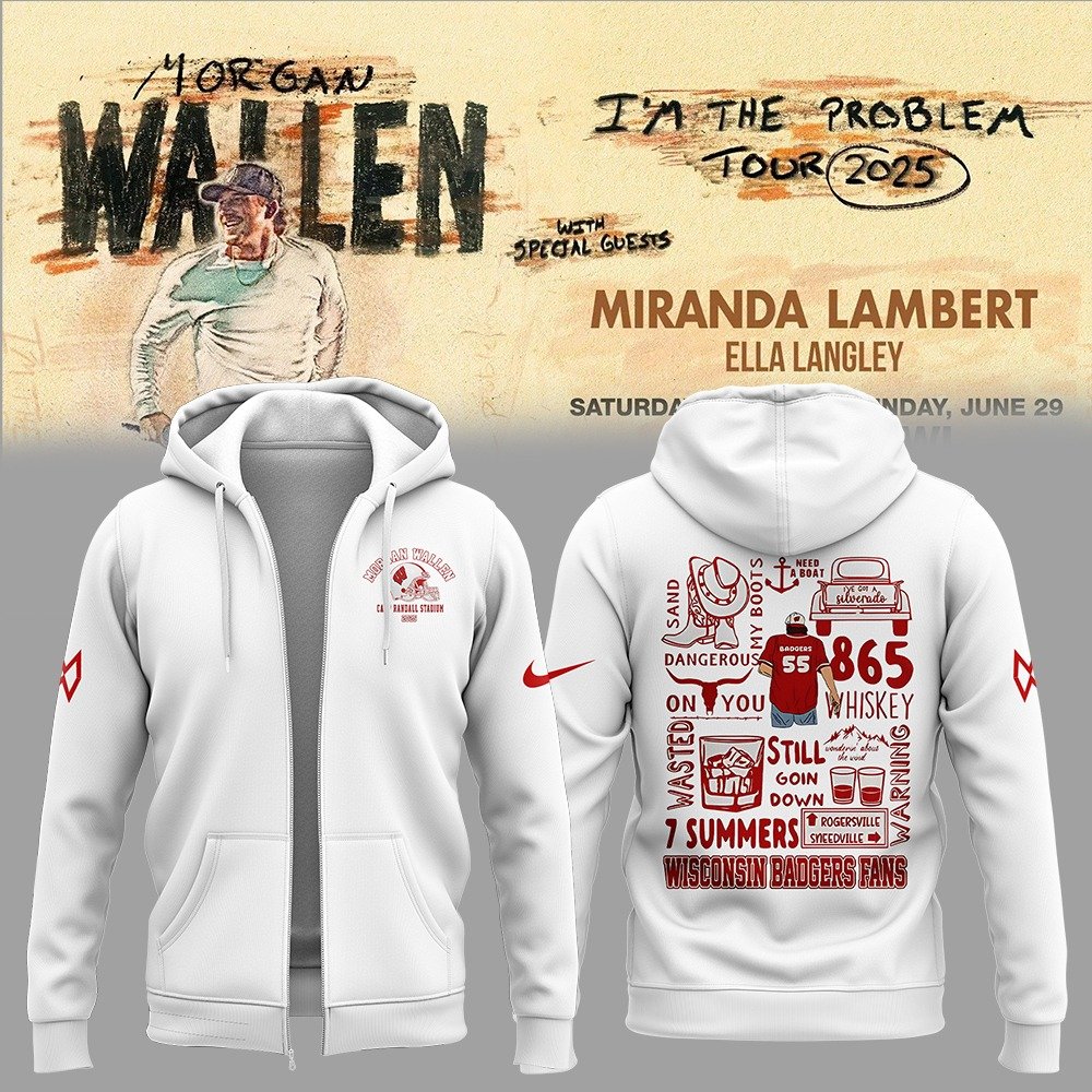 Wisconsin Badgers x Morgan Wallen 2025 Concert White Zip Hoodie Wisconsin Badgers Merch.jpeg Best Gifts For Football Players