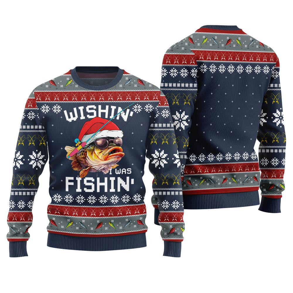 Wishing I Was Fishin Ugly Christmas Sweater Cute Holiday Sweatshirt to Spread Joy