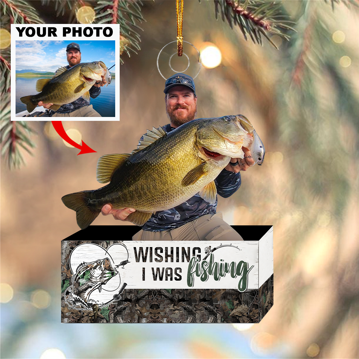 Wishing I Was Fishing Custom Photo Personalized Photo Mica Ornament Christmas Gift For