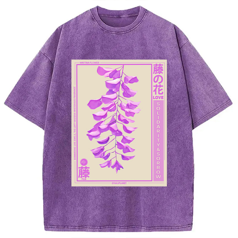 Wisteria Japanese Anime Flower Washed T-Shirt Cool Urban Street Style Shirt Gifts For Sister