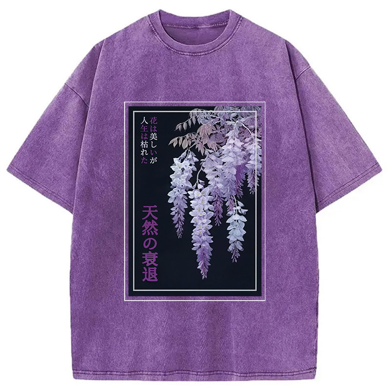 Wisteria Jpanese Flowers Poster Washed T-Shirt Minimal Retro Graphic Clothing Gifts For Him