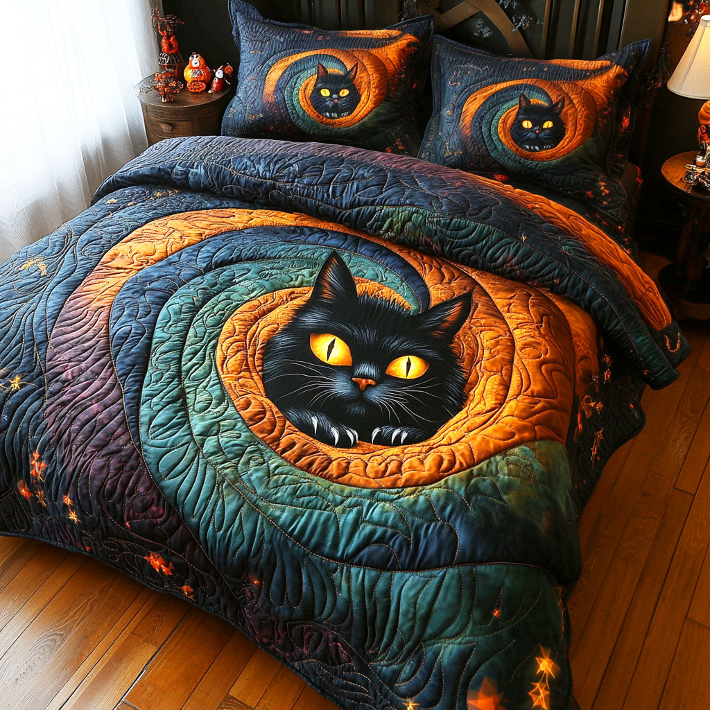 Witch Cat Quilted Bedding Set Autumn Sheet Set Gifts For Black Cat Owners