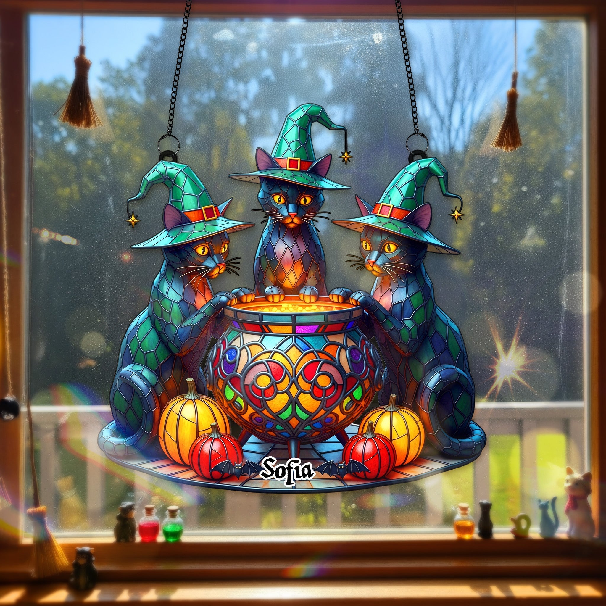 Witch Cat Suncatcher Ornament - Personalized Gifts For Halloween - Family Christmas Ornament Gift