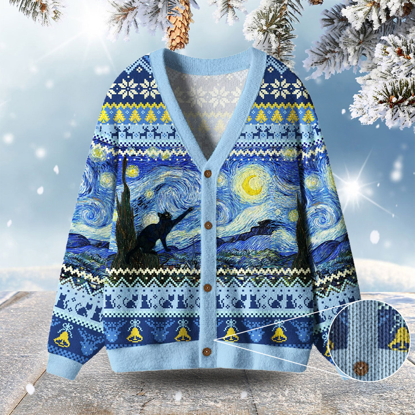Witch Cat Under The Starry Night Ugly Cardigan Sweaters Ugly Christmas Clothes Cat Mom Gifts