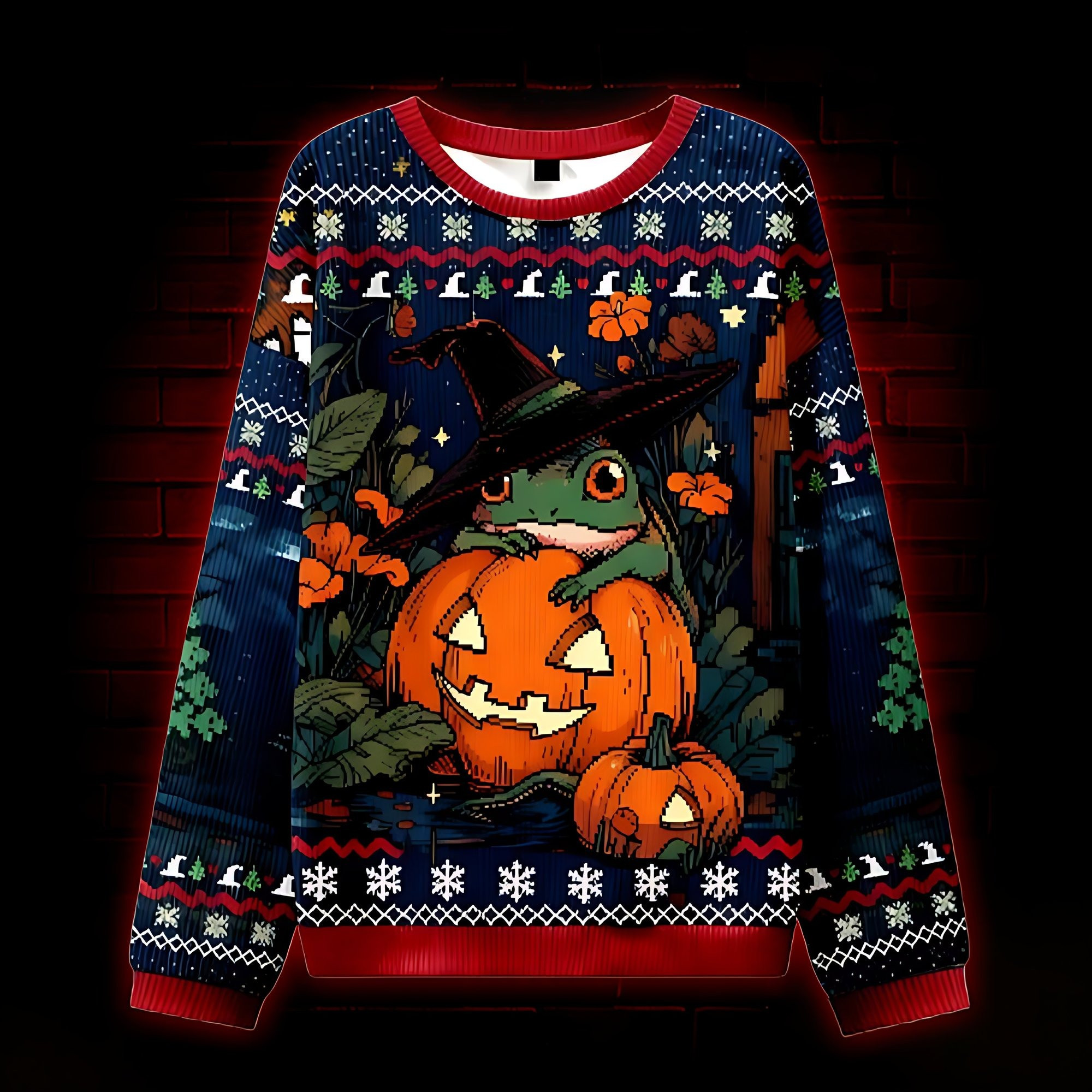 Witch Frog And Pumpkins Ugly Christmas Sweater Funny Xmas Clothing Gift For Frog Lovers