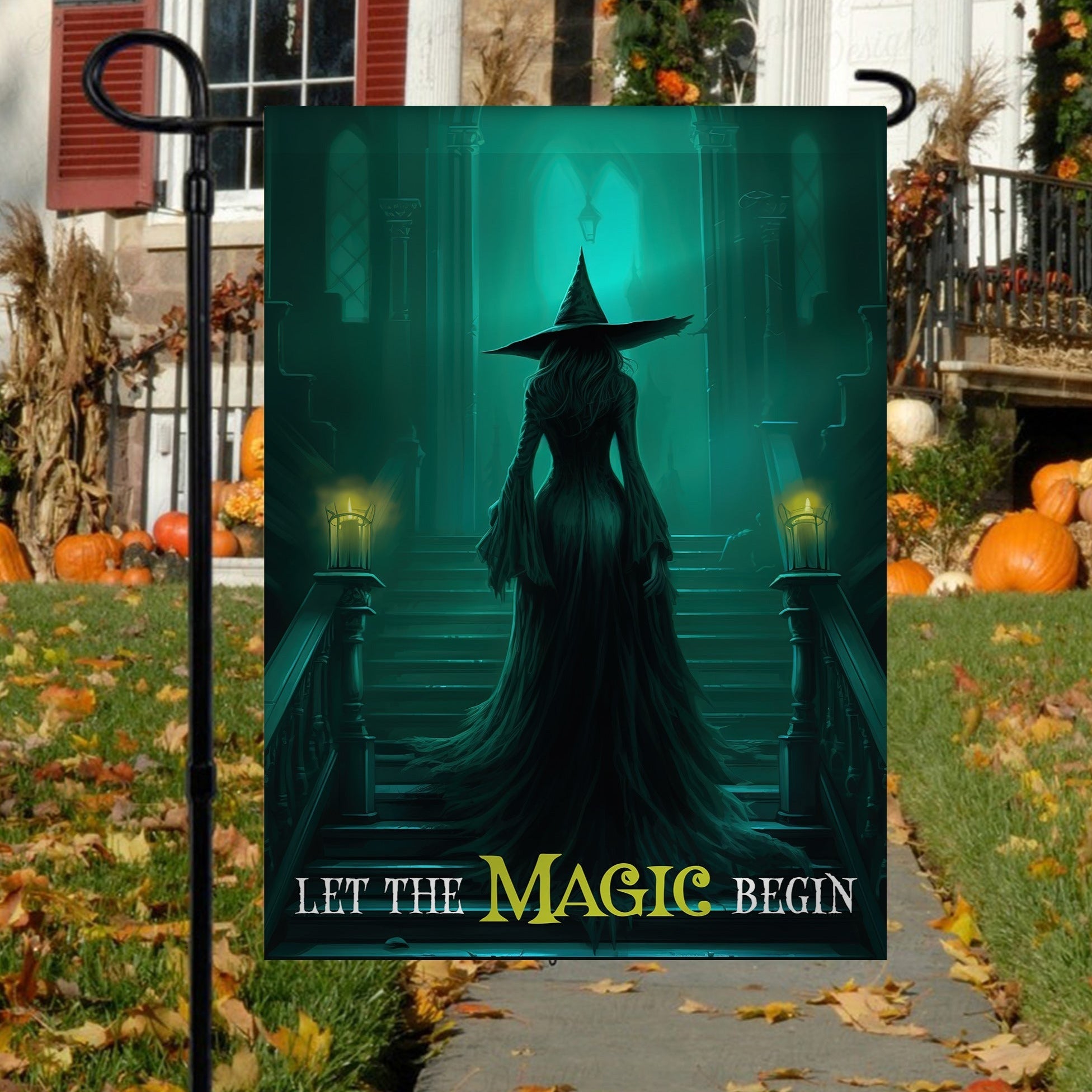 Witch Halloween Flag Let The Magic Begin Witch On The Stairs Flag Wiccan Gifts