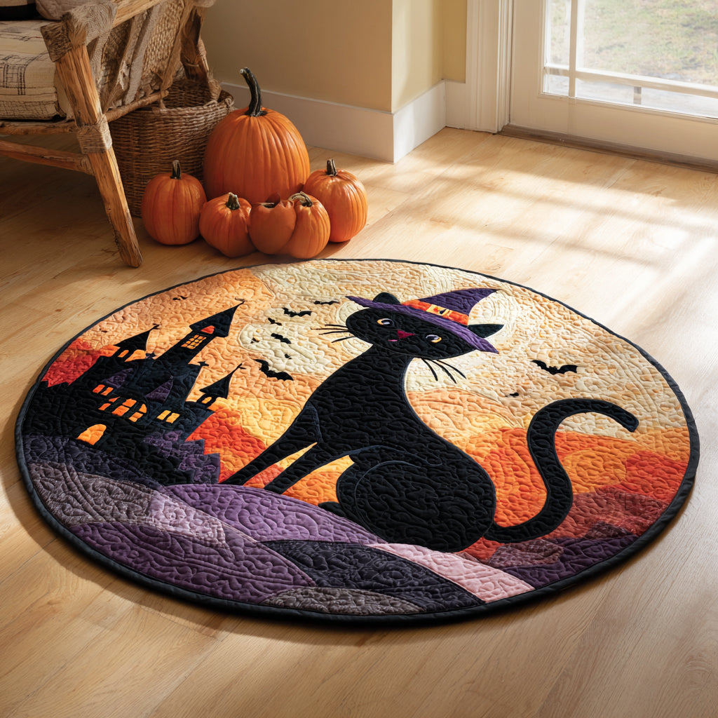 Witch Hat Black Cat Quilted Round Mat Front Door Idea Unique Halloween Gifts