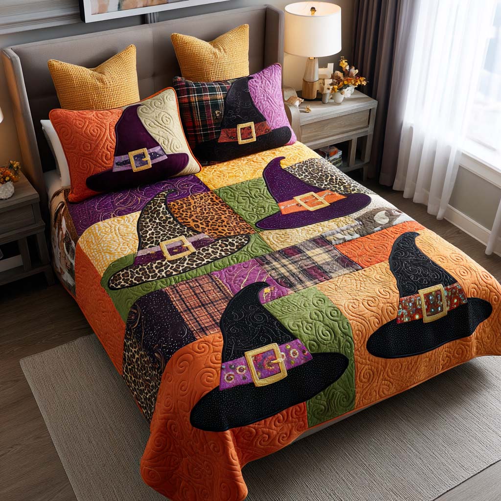 Witch Hats Quilted Bedding Set Spooky Bed Sheets Gift For Family