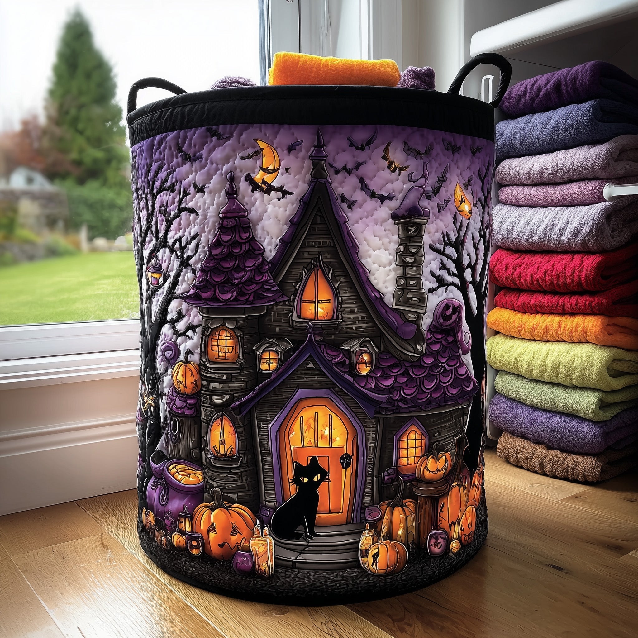 Witch House Quilted Laundry Basket Scary Haunted Halloween House Gifts For Cat Lovers