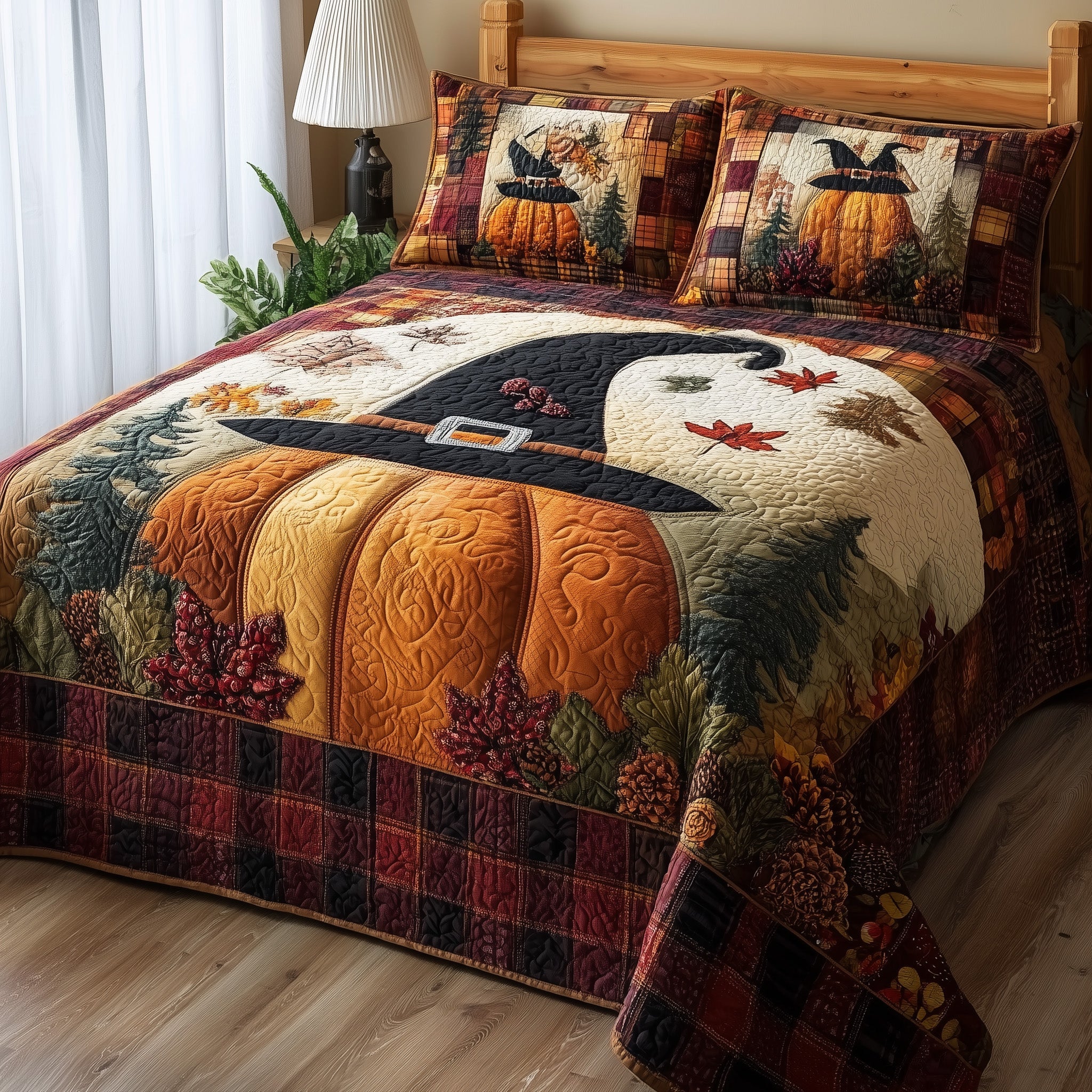 Witch Pumpkin Quilted Bedding Set Duvet Cover Bedspread Cute Fall Gifts For Girlfriend