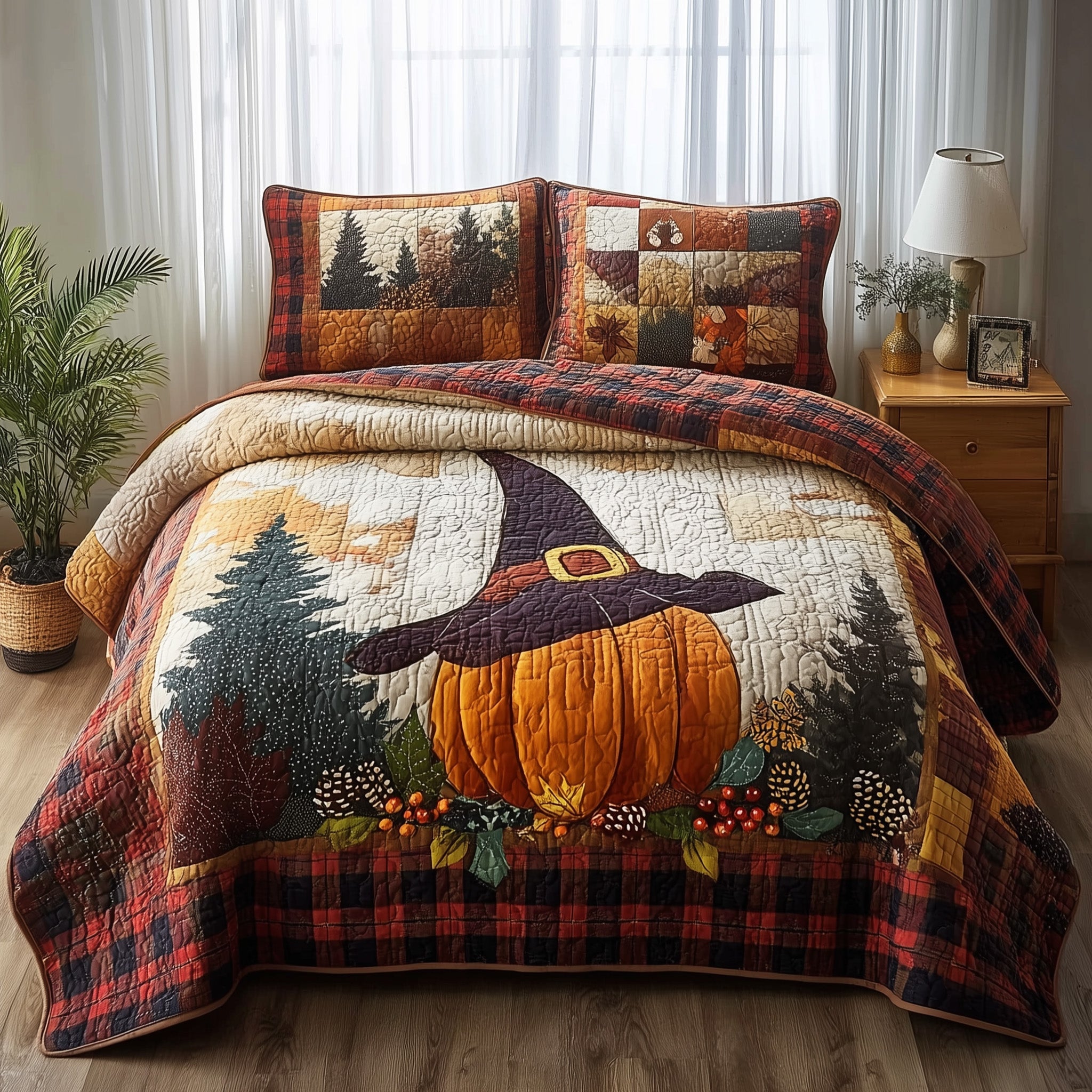 Witch Pumpkin Quilted Bedding Set For Family