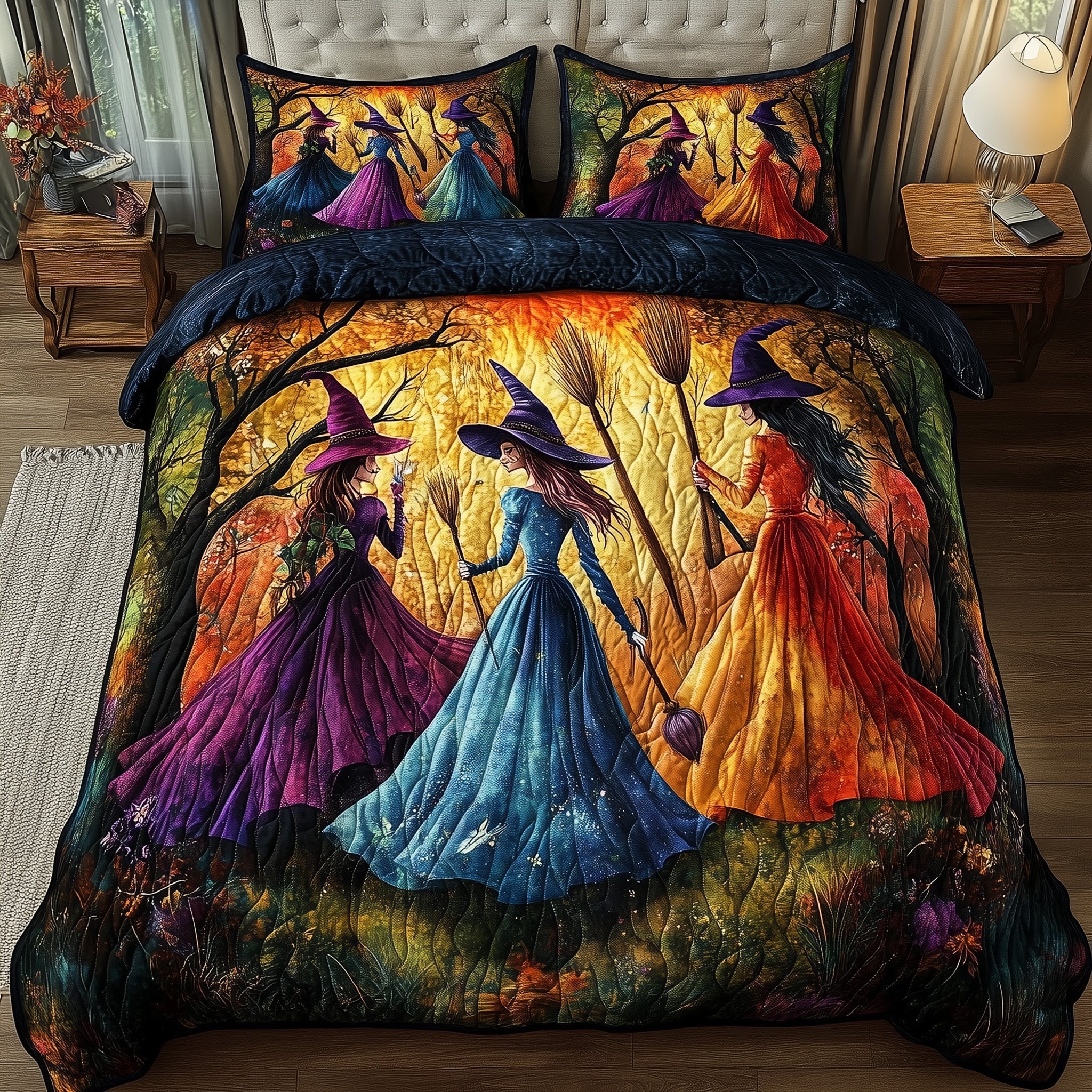 Witches Quilted Bedding Set Mystic Spellcasters Unique Halloween Bedding Presents