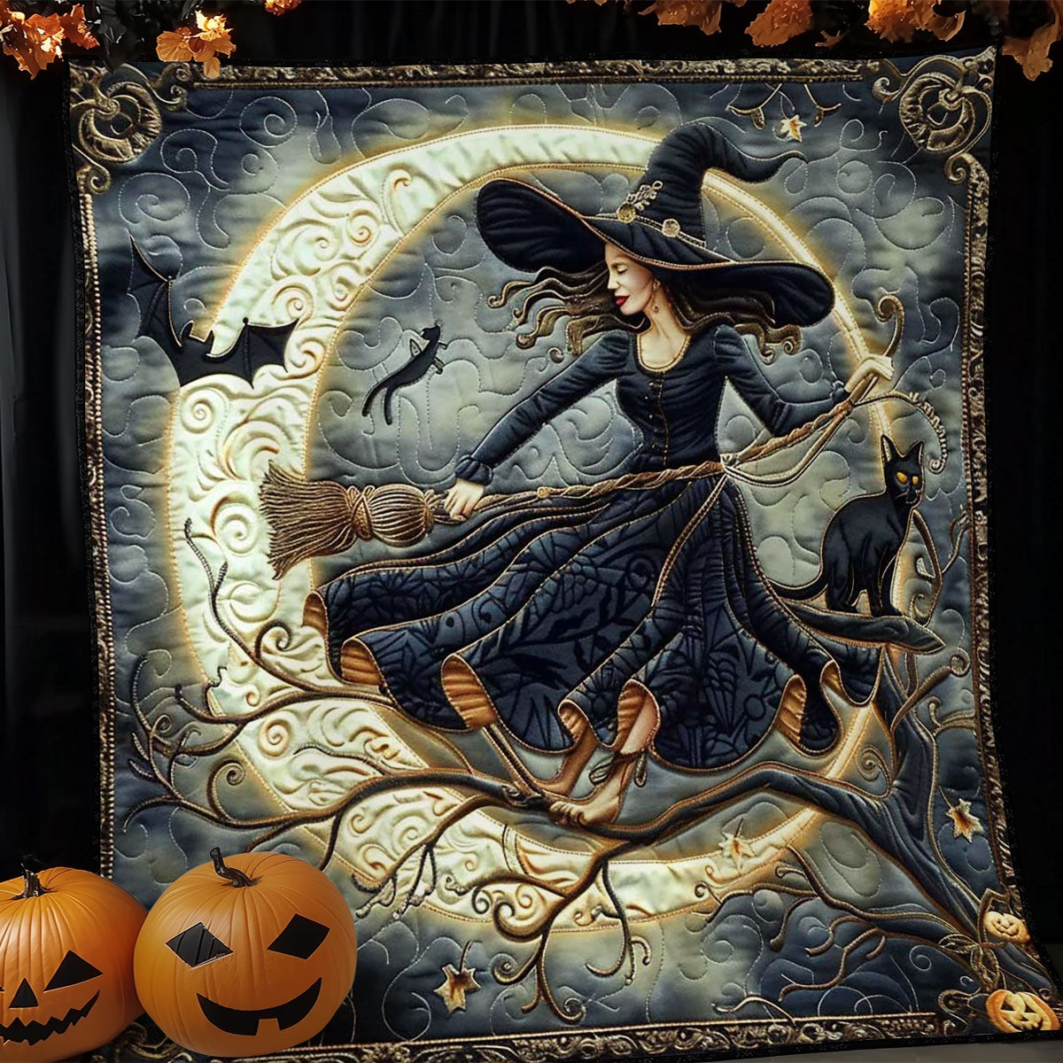 Witch's Moonlit Broomstick Quilt Blanket Christmas Throw Blanket Best Family Christmas Gifts