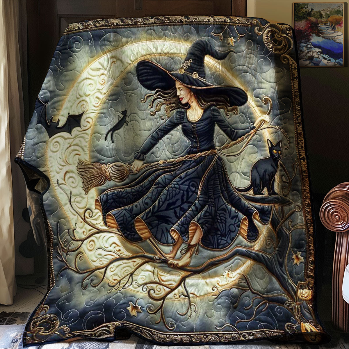Witch's Moonlit Broomstick Quilt Blanket Christmas Throw Blanket Best Family Christmas Gifts