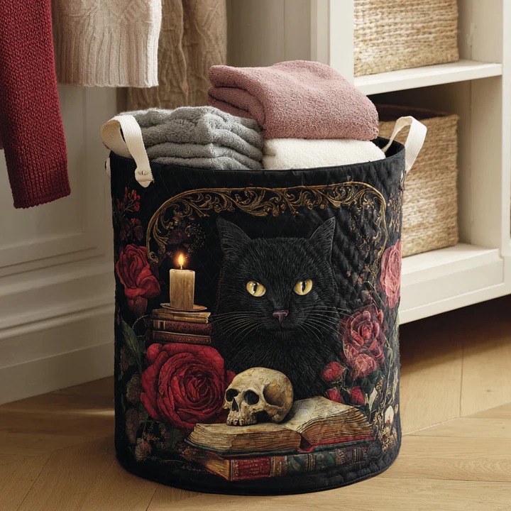 Witchy Black Cat Quilted Laundry Basket Halloween Spooky Boho Home Decor Gift For Cat Lovers