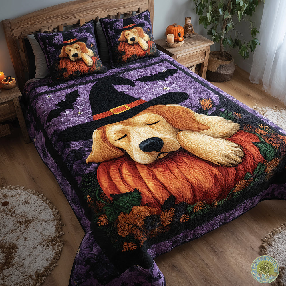 Witchy Golden Retriever Quilted Bedding Set Halloween Sheet Set Gifts For Someone Who Loves Golden Retrievers