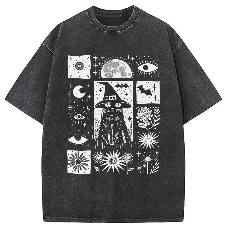 Witchy Gothic Cat Washed T-Shirt Retro Streetwear Graphic Top Gifts For Best Friend