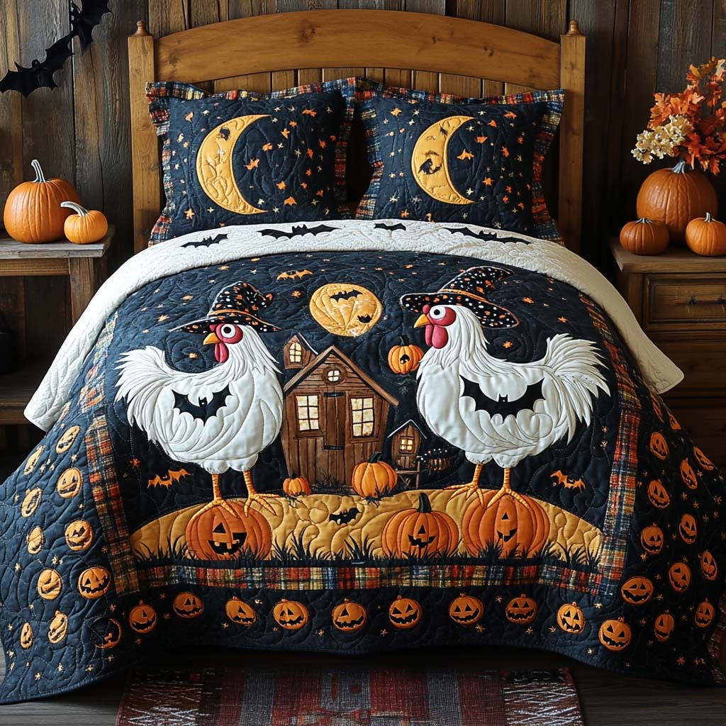 Witchy Pumpkin Lane Quilted Bedding Set Halloween Sheet Set Chicken Related Gifts
