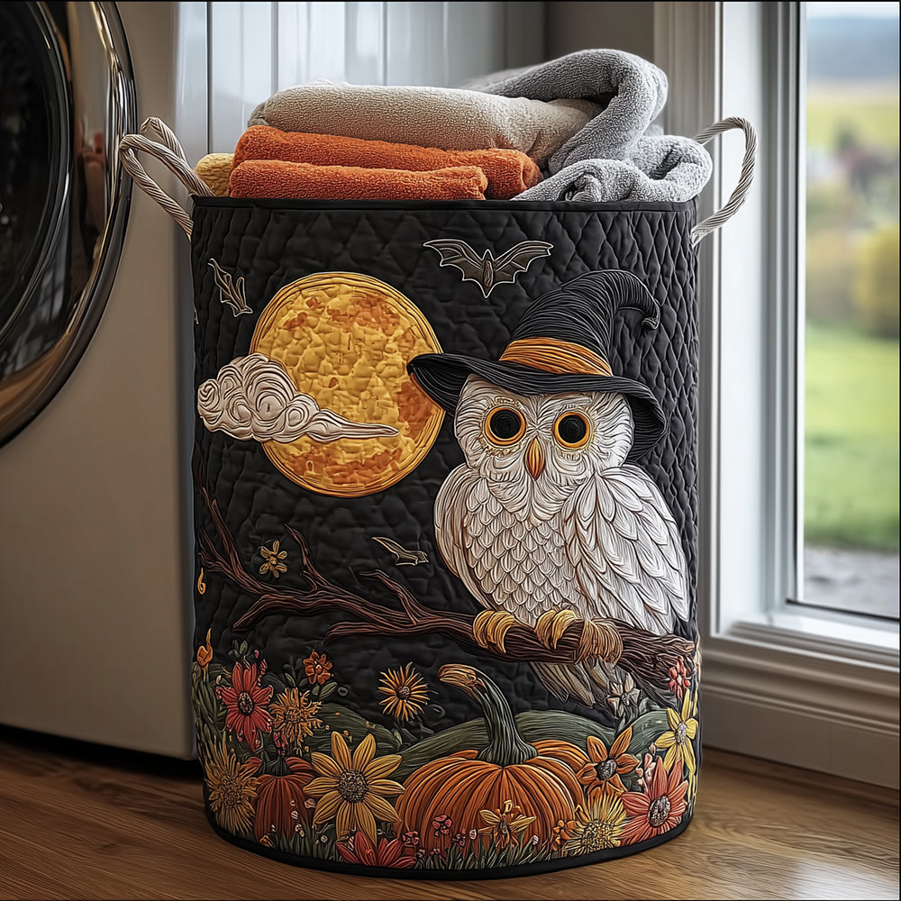 Witchy White Owl Quilted Laundry Basket Merch For Friends