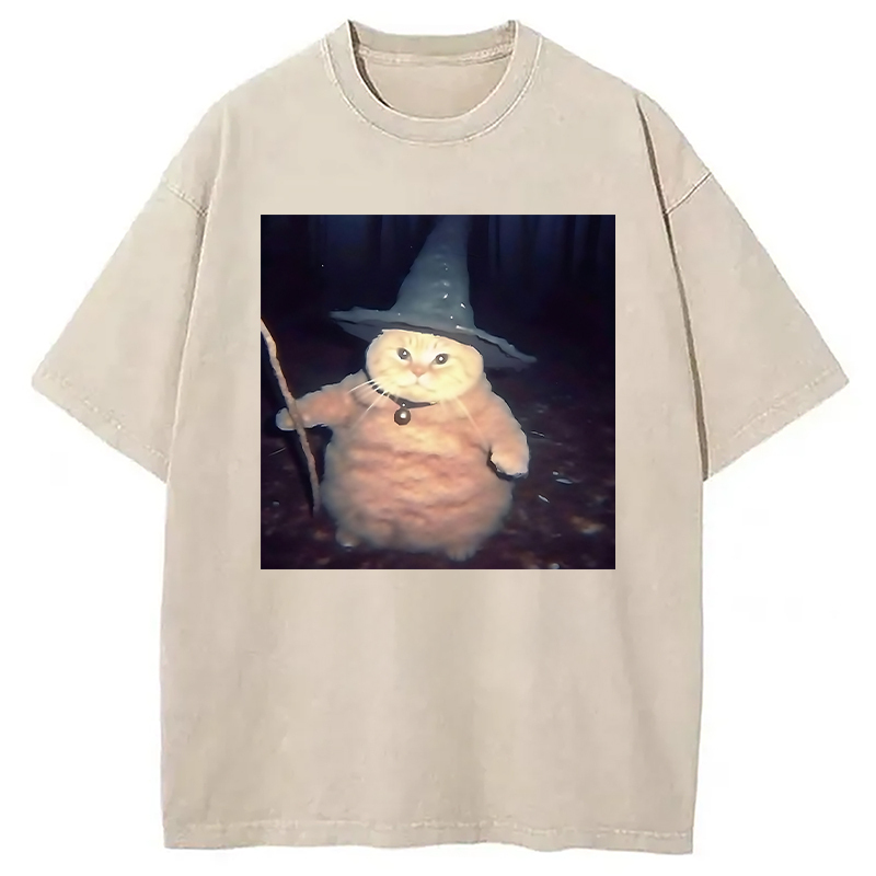 Wizard Cat Funny Halloween Washed T-Shirt Casual Vintage Everyday Look Gifts For Best Friend