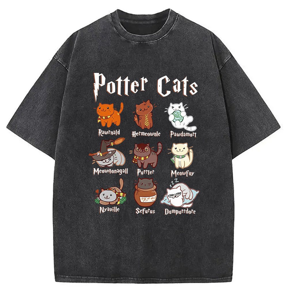 Wizard Cats Washed T-Shirt Funny Graphic Gift For Friends Gifts For Besties