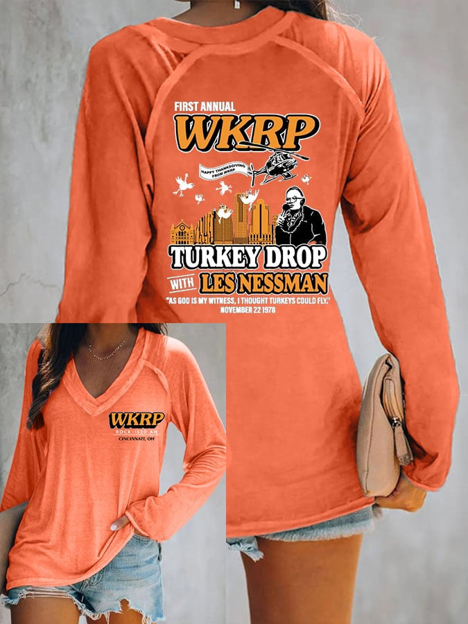 WKRP As God Is My Witness V-Neck Long Sleeve Shirt I Thought Turkeys Could Fly Merch Presents