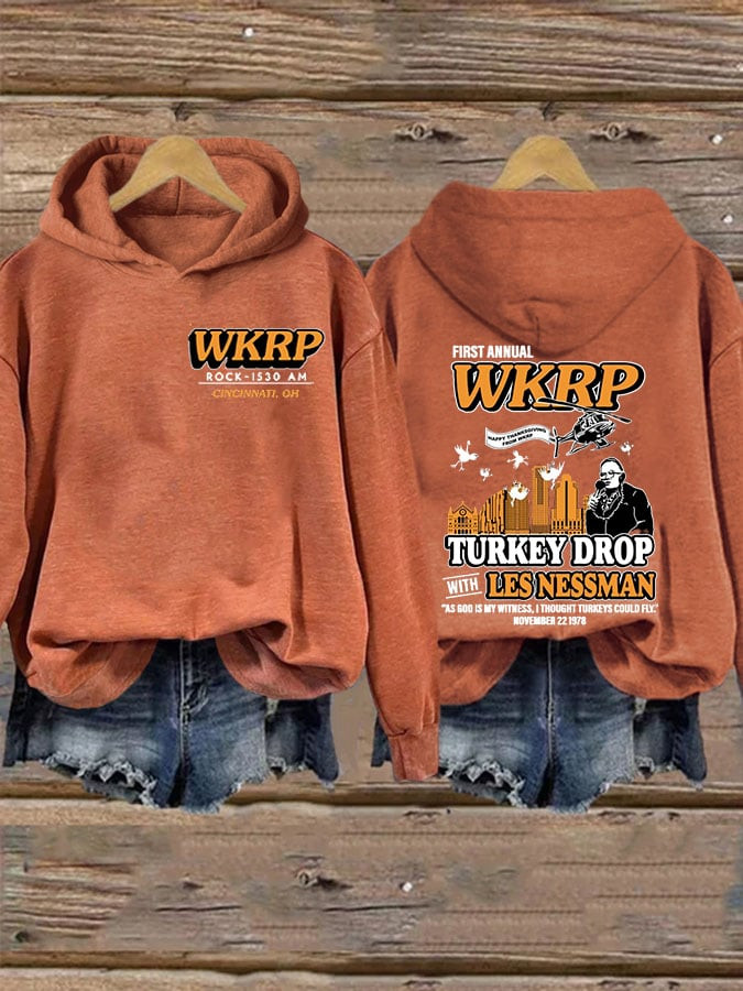 WKRP Turkey Drop With Less Nessman Hoodie Thanksgiving Day Merch Gift Ideas